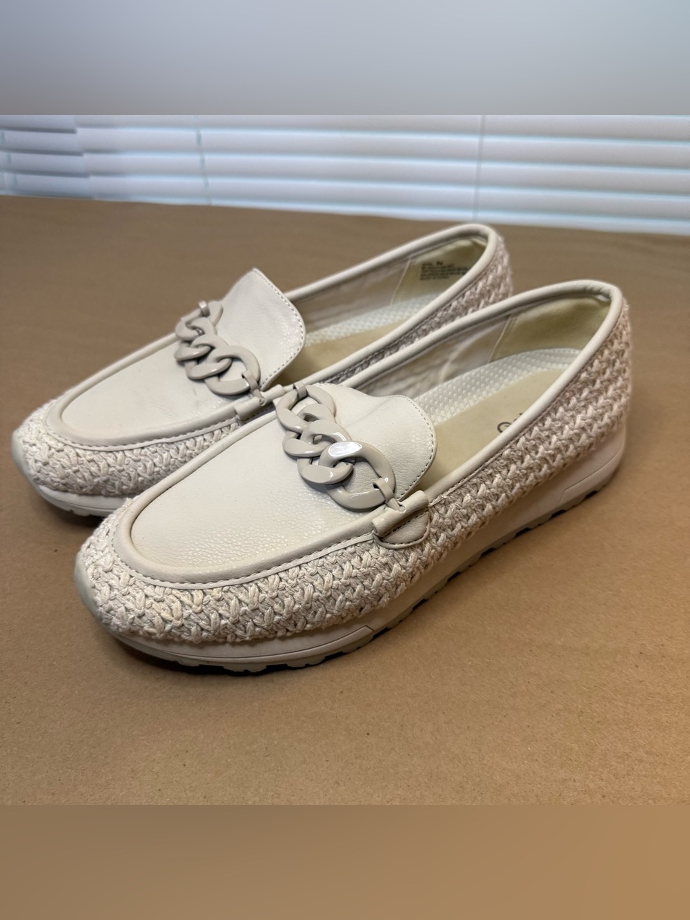 BareTraps Cream Woven Chain-Trim Loafers